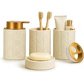 Ceramic Bathroom Accessory Set 4 Pcs with Lotion/Soap Dispenser, Toothbrush Holder, Soap Dish, Tumbler, Modern Scandinavian Bathroom Decor and Storage Set, Easy to Clean, Creamy, Beige
