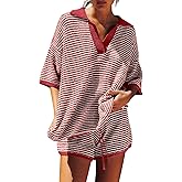 Tankaneo Womens Sweater Set 2 Piece Outfits Oversized 3/4 Sleeve V Neck Knit Tops High Waisted Shorts Lounge Sets