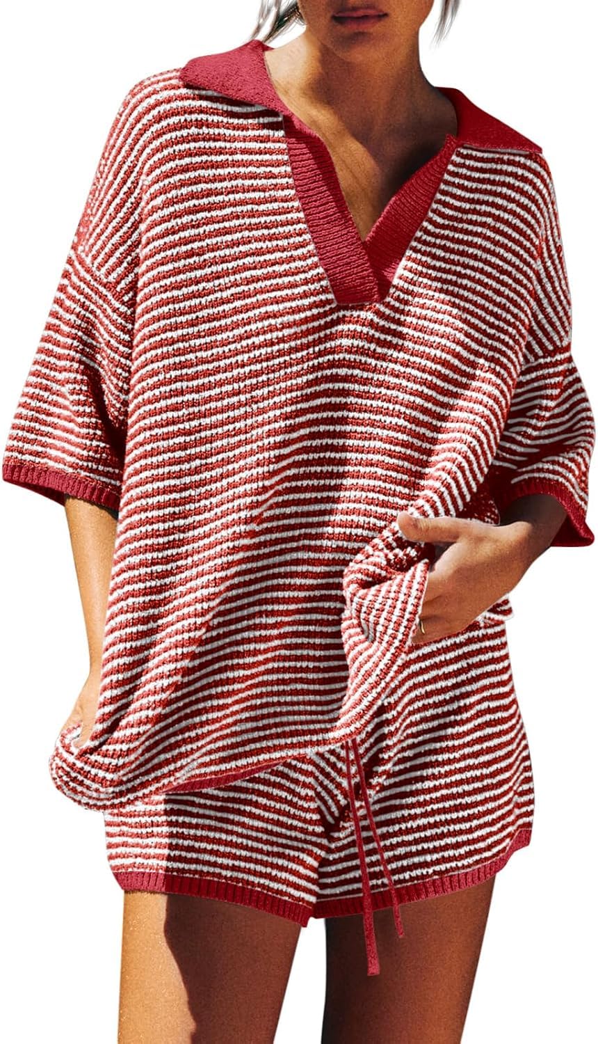 Photo 1 of Tankaneo Womens Sweater Set 2 Piece Outfits Oversized 3/4 Sleeve V Neck Knit Tops High Waisted Shorts Lounge Sets TOP IS LARGE AND BOTTOMS ARE SMALL 