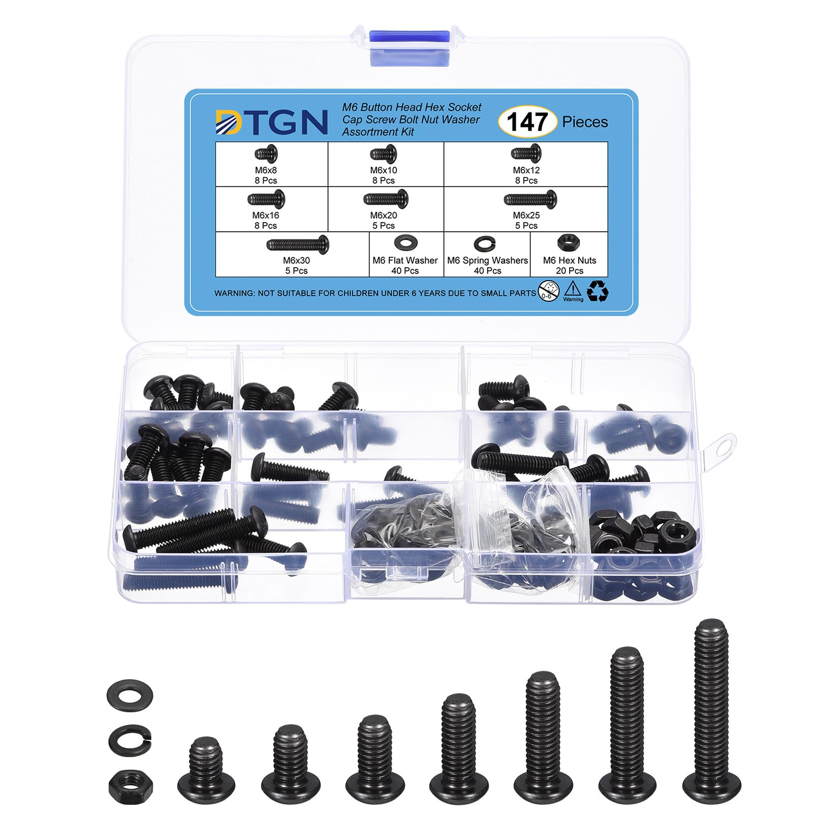 DTGN 147Pcs M6 Button Head Hex Socket Cap Screw - 8-30mm Bolt Nut Washer Assortment Kit Carbon Steel Black - Good for Machine, Furniture