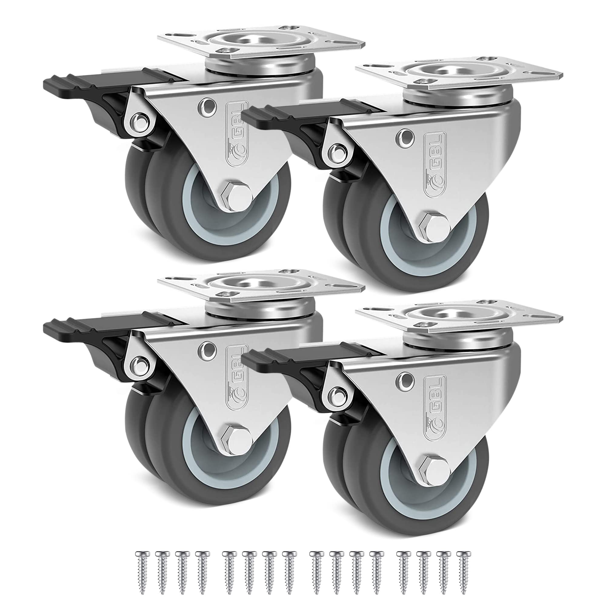GBL Heavy Duty Swivel Casters with 4 Brakes + Screws - 50mm 280kg in Motion, 600kg Static - 4 Pack No Floor Marks Silent Caster for Furniture - Rubber Coated Trolley Wheels, Silver