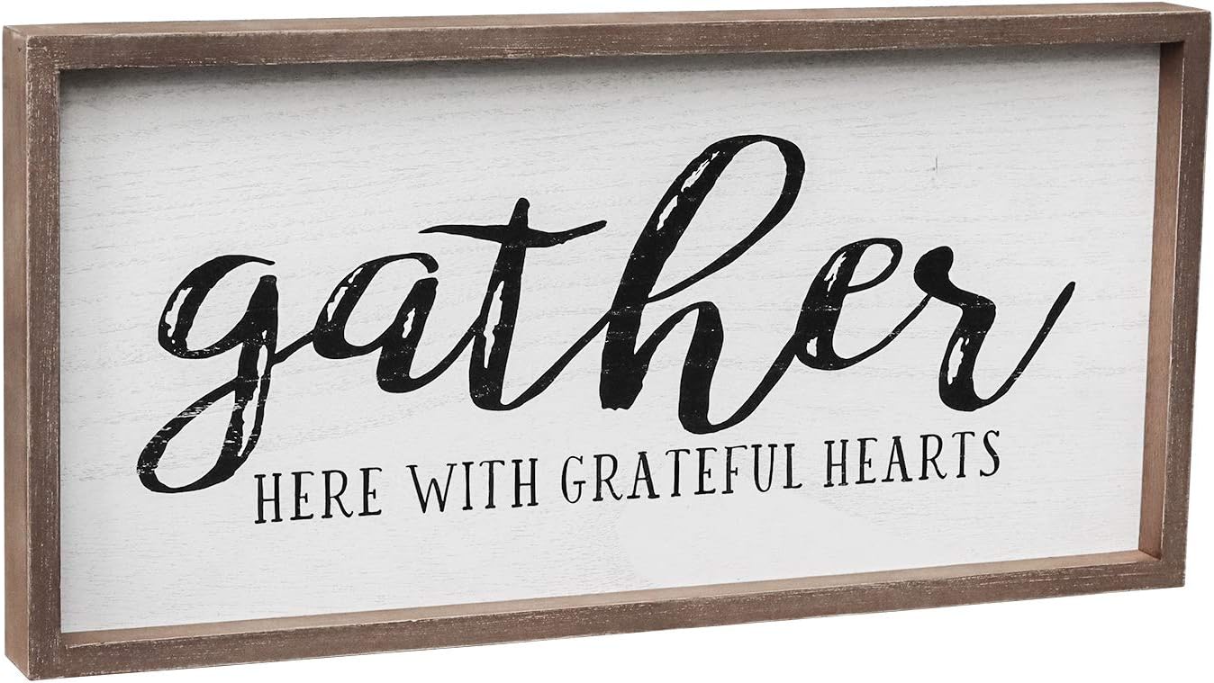 Gather Here with Grateful Hearts Wood Framed Wall Sign, Farmhouse Gather Wall Hanging Decor for Dining Room, Bedroom, Kitchen or Living Room, 19.375" W x 9.5" H