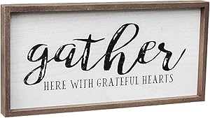 Gather Here with Grateful Hearts Wood Framed Wall Sign, Farmhouse Gather Wall Hanging Decor for Dining Room, Bedroom, Kitchen or Living Room, 19.375" W x 9.5" H