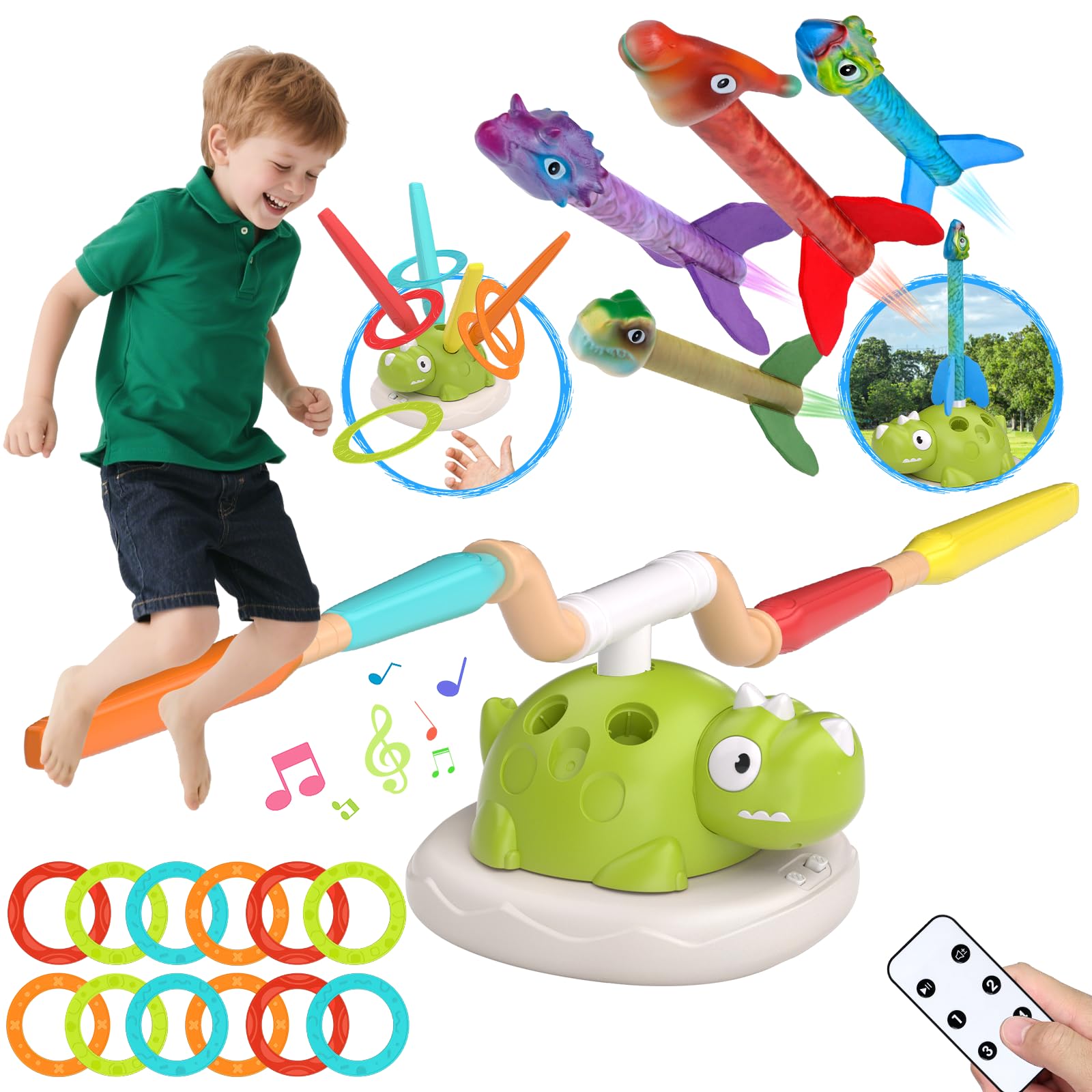 Photo 1 of Indoor Outdoor Games for Kids, 3 in 1 Musical Jump, Ring Toss Game & Stomping Rocket Launcher for Kids, Dinosaur Sports & Outside Play Activities Toys with Remote Control for Toddlers 3-5 4-8