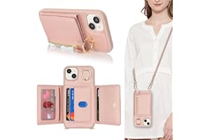 SunYoo for iPhone 15 Plus Case with Card Holder,Phone Case for iPhone 15 Plus Case with Strap Crossbody Lanyard Stand Ring,14 Plus Wallet Case for Women,Leather Zipper Pocket Case-Rose Gold