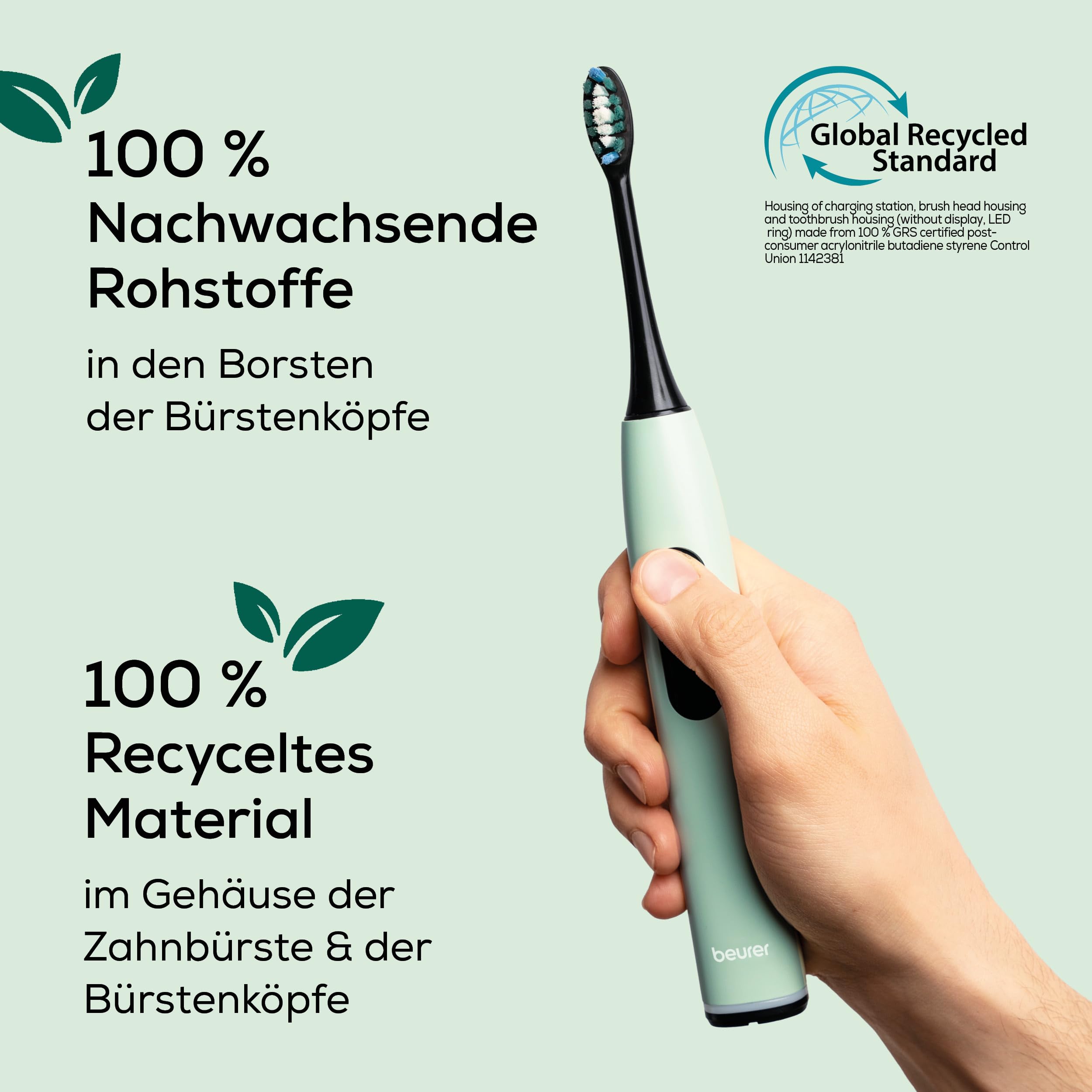 Beurer SC 50 Schallzahnbürste, elektrische Zahnbürste mit 5 Putzmodi & Andrucksensor, 80.000 Schwingungen, Display mit Putzdauer-Anzeige, inkl. 2 Aufsteckbürsten, 100% recyceltes Gehäuse (Peppermint) 5