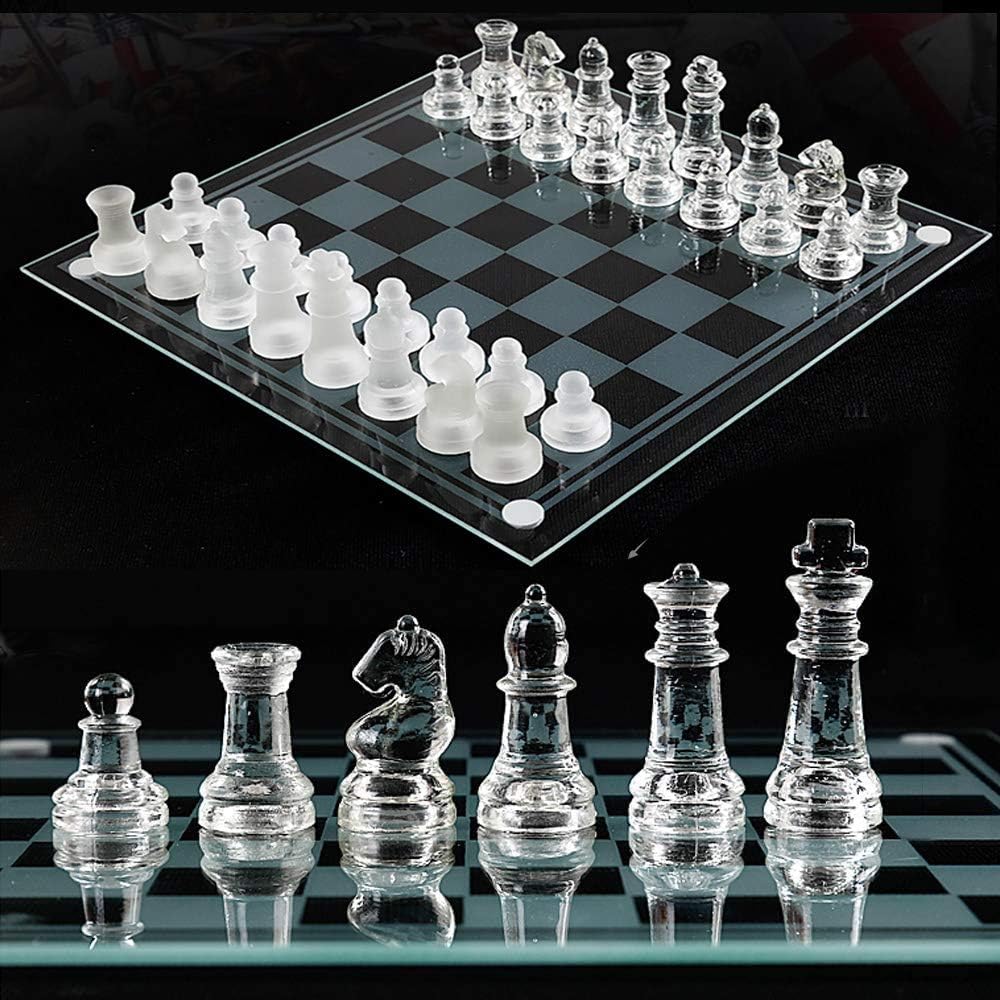 LYDJ Glass Chess Game Set include Frosted/Polished Glass Chess Board and 32 Chess Pieces with Padded Bottom, Crystal Chess set for Adults And Children Strategy Game,L