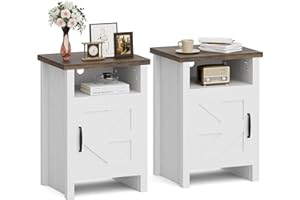 JUMMICO Farmhouse Nightstand, Modern Bedside Table with Barn Door and Shelf, Rustic End Table Side Table for Bedroom, Living Room(2, Rustic & White)