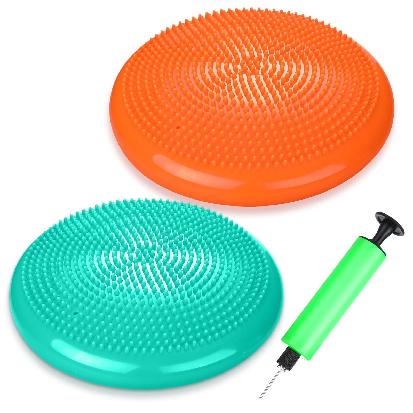 Photo 1 of Silipull 2 Pcs Wiggle Seat Inflated Wobble Cushion Flexible Balance Disc with Air Pump for Core Stability Strengthening Improving Posture Physical Exercise(Aqua and Orange)