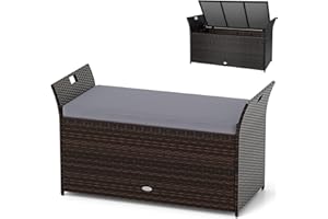 RELAX4LIFE Wicker Outdoor Storage Bench - 68 Gallon Rattan Deck Box w/Side Handles & Soft Cushion for Pillows, Garden Tools, Pool Accessories, Sports Equipment, Patio Bench with Storage for Porch
