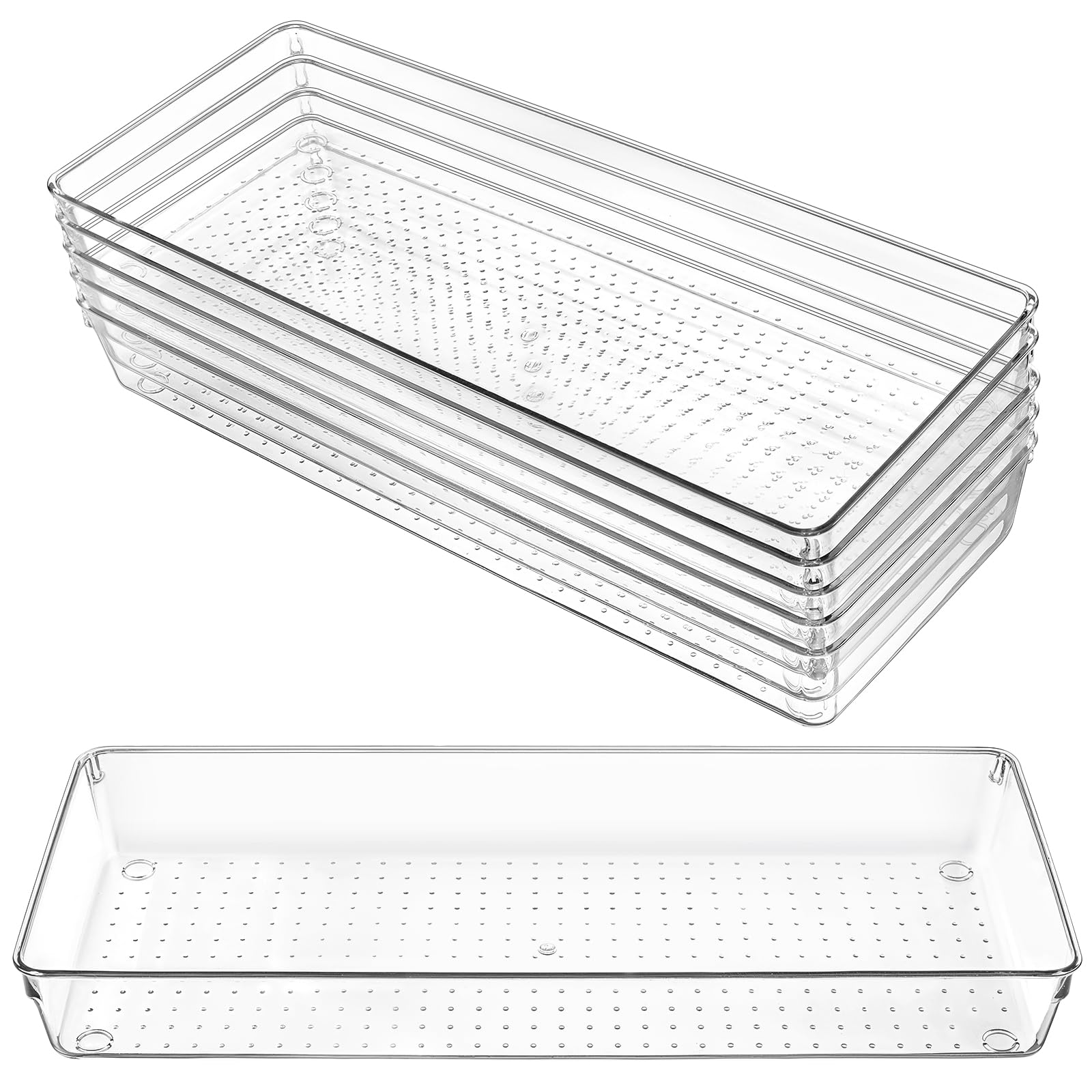 Photo 1 of 6 Pack Clear Drawer Organizer Trays 15 x 6 x 2 Inch Large Size Clear Plastic Desk Drawer Storage Bins Container Desk Drawers Divider Storage Bins for Utensils Junks Vanities Makeups Jewelry