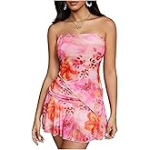 SHENHE Women's Sexy Vacation Outfits Floral Asymmetrical Tube Top Ruffle Mini Skirt Y2k Set