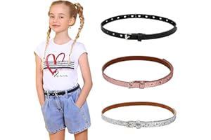 3 Pack Girls Glitter Thin Belts, Adjustable PU Leather Waist Belts with Metal Buckle - Silver Black Pink for Jeans Dresses Sc