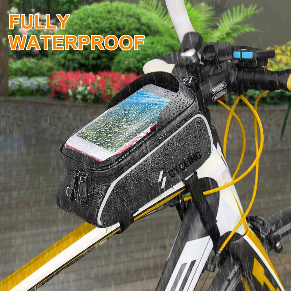 YEHOBU Bicycle Bag for Phone, Handlebar Bag, Bike Front Frame Storage Bag, Sun Visor Waterproof Touch Screen Bag, Cycling Holder Bag for 6 inches Phone (Black)