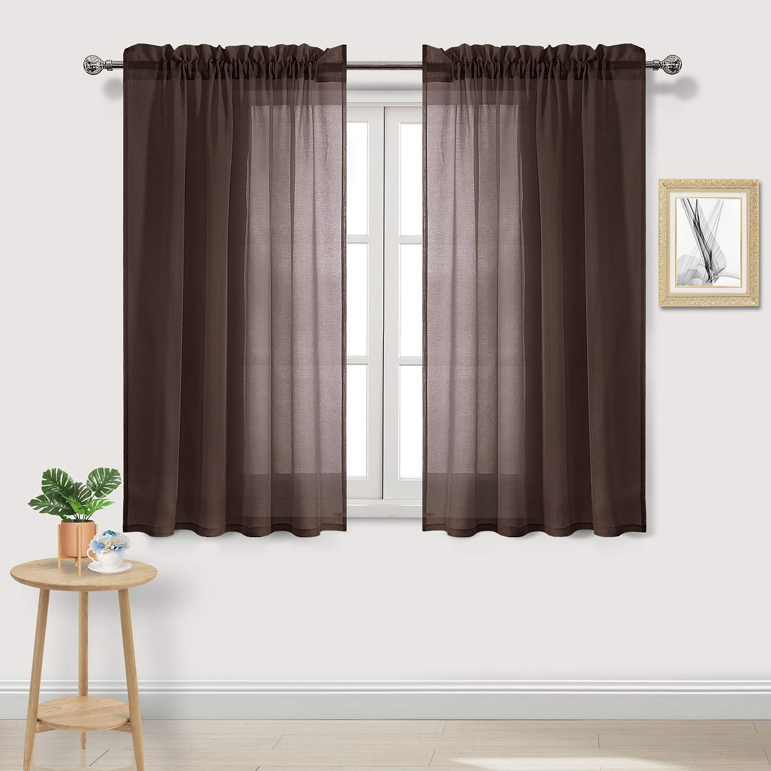 DWCN Brown Sheer Curtains Semi Transparent Voile Rod Pocket Curtains for Bedroom and Living Room, 52 x 45 inches Long, Set of 2 Panels