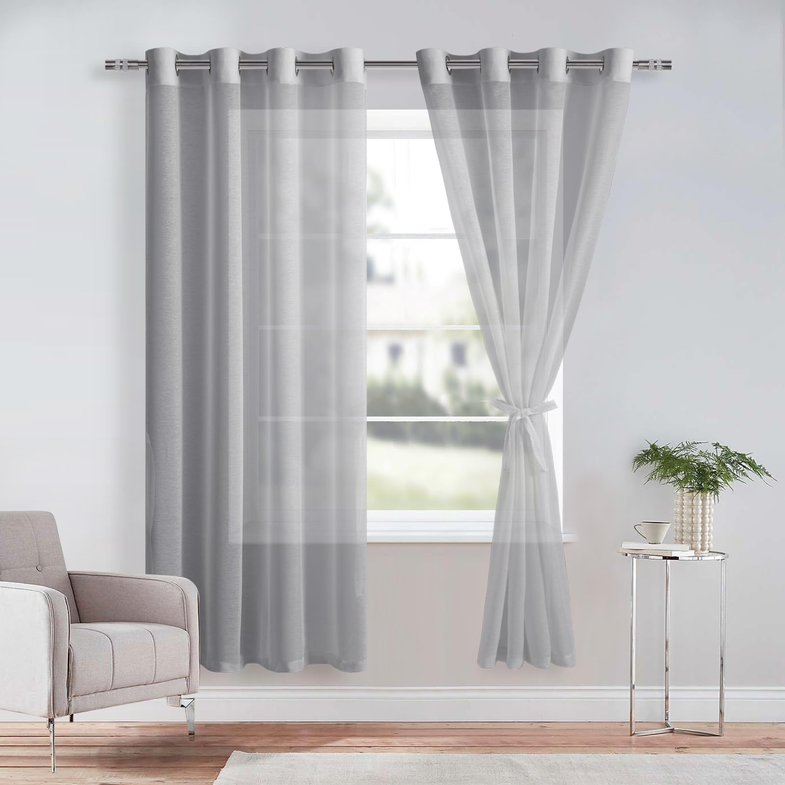 DWCN Grey Sheer Curtains with Tiebacks Semi Transparent Voile Grommet Curtains Elegant Window Curtains for Bedroom and Living Room,2 Panels,W52 x L72