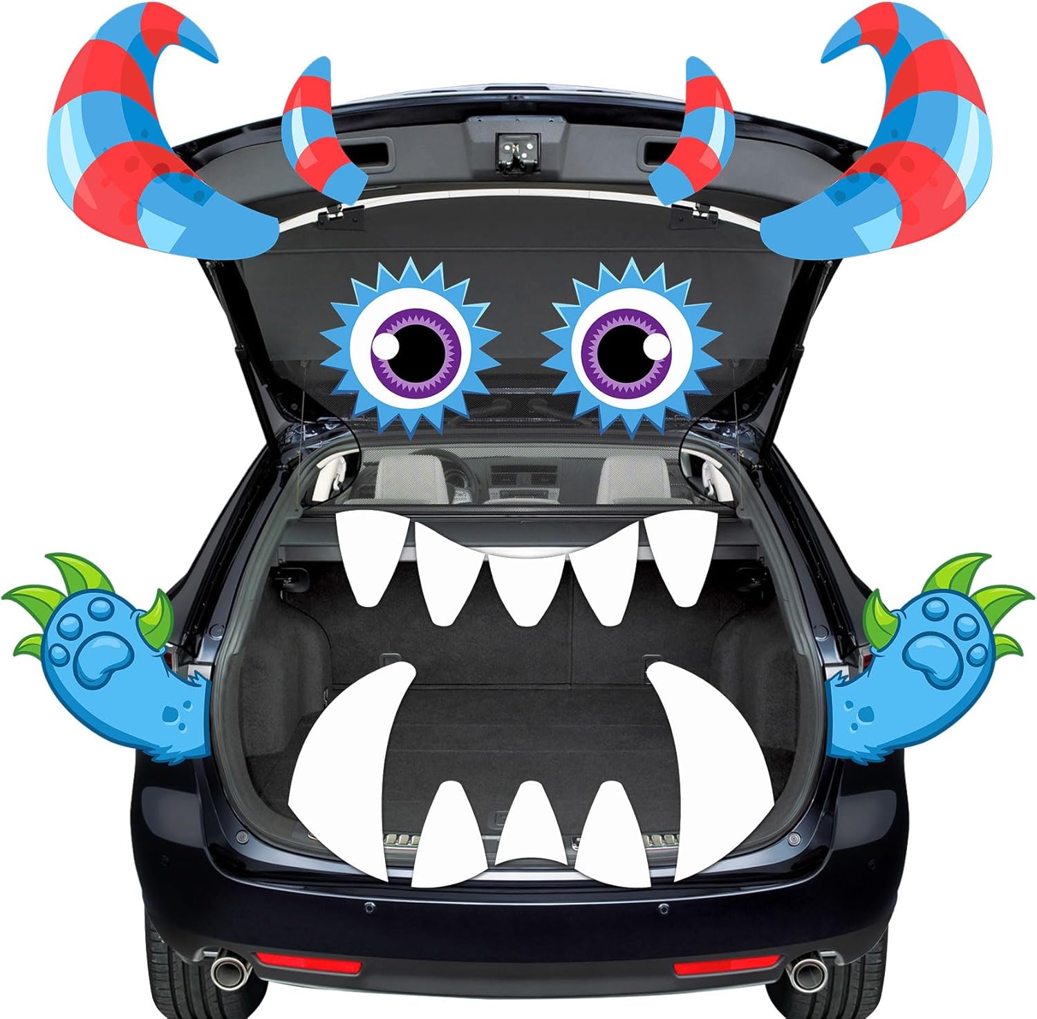 Garage Door Decorations - Trunk or Treat Car Decorations Kit, Halloween Cute Monster Face Garage Door Decorations Waterproof Car Stickers with Eyes Horns Claws Fangs for Car SUV Garage Archway Entryway Party Decoration Outdoor