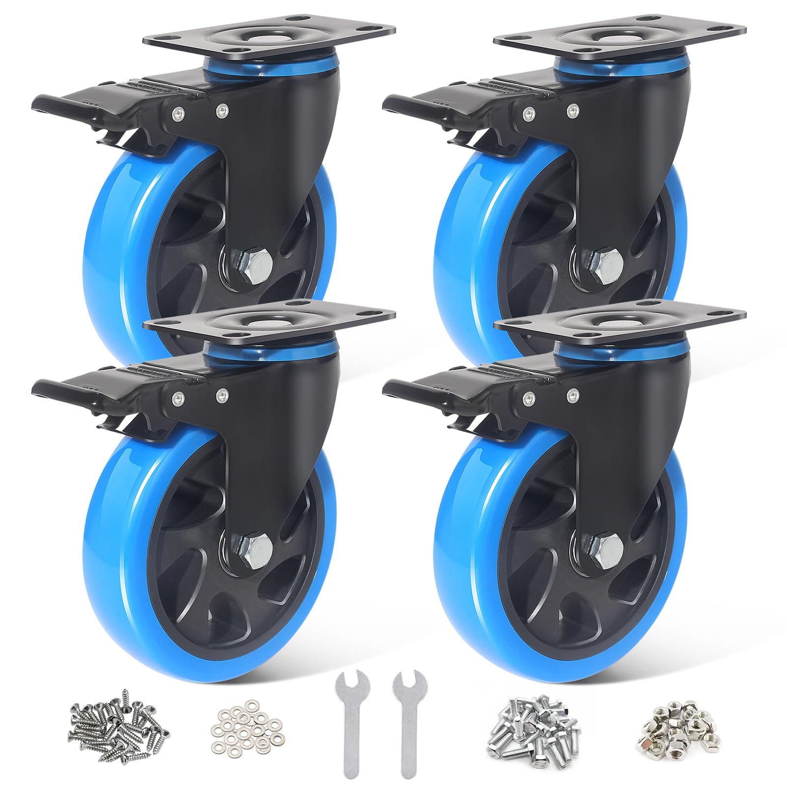 BAOLIHUI Heavy Duty Castors 125 mm Blue Set of 4 - Industrial Castors for furniture with Brake, up to 800 kg - Includes Screws Ideal for Workbenches Trolley