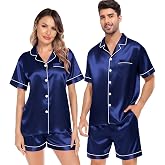 SWOMOG Satin Matching Pajamas Sets Couple Silk Button Down Nightwear Women & Men Short Sleeve Sleepwear 2 Pieces Loungewear