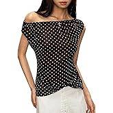 Milumia Women's Y2k Polka Dots Tee Off Shoulder Sheer Mesh Top Tie Bow Back T Shirt Tops