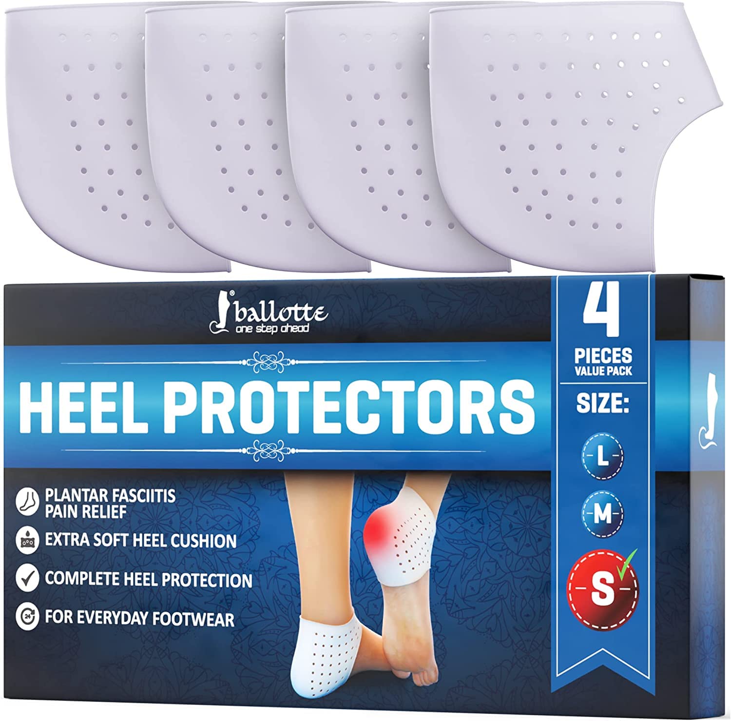 Ballotte Premium Silicone Heel Protectors (Small - 4 Pack) | Gel Heel Pads/Silicone Socks for Women & Men - Pain Relief for Cracked Heel | Blister Prevention Heel Cups/Cushions for Plantar Fasciitis