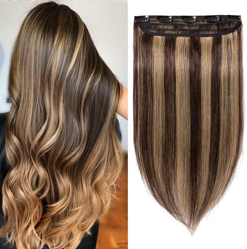 Silk-co One Piece Clip on Hair Extensions Seamless Clip in Hair Extension Human Hair Highlighted 3/4 Half Head Real Remy Hair (16 inch-45 grams