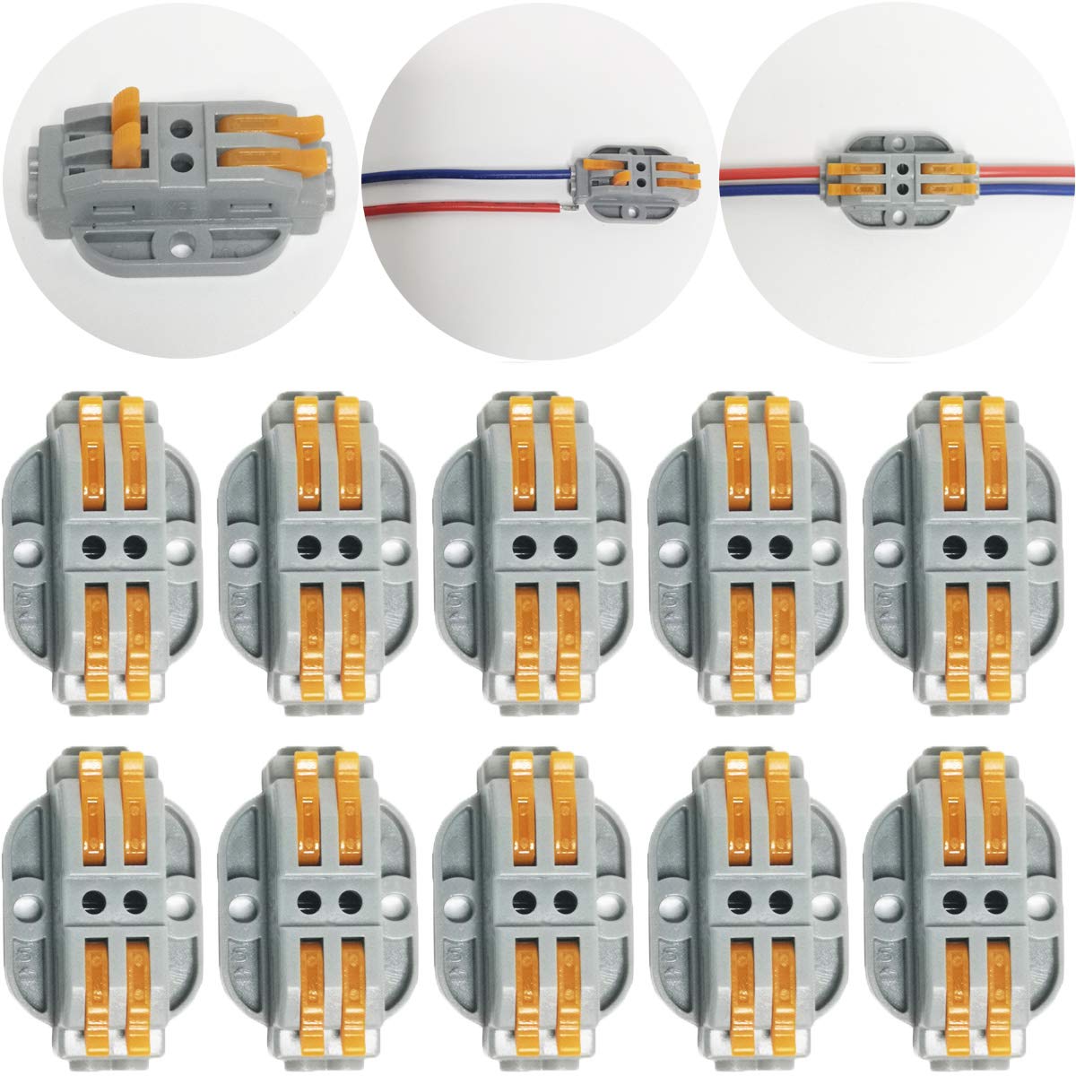 CTRICALVER 10 pcs SPL-2 Compact Wire Connectors, Conductor Wire Clamp Terminal Block with Levers for Solid Stranded