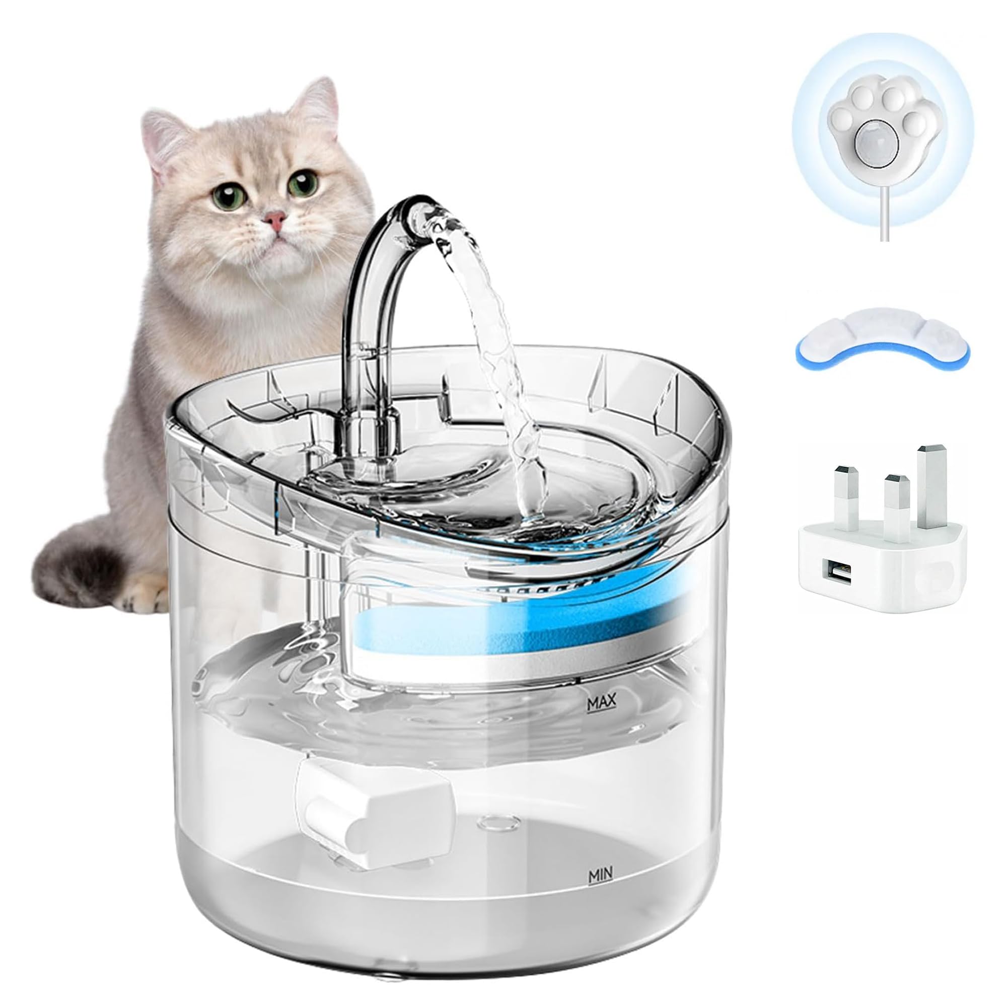 TriLine 1.8L Cat Water Fountain with Sensor, Automatic Pet Fountain Water Bowl Drinking Dispenser with Silent Pump Replacement Filter and UK Adapter for Cats, Small Dogs, Multiple Animals, Transparent
