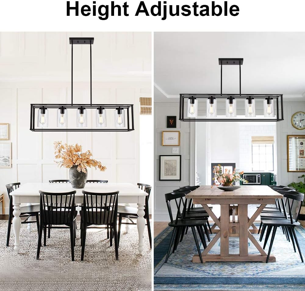 VINLUZ Farmhouse Chandeliers Rectangle Black 5 Light Dining Room Lighting Fixtures Hanging, Kitchen Island Cage Pendant Lights Contemporary Modern Ceiling Light with Glass Shade Adjustable Rods - - 