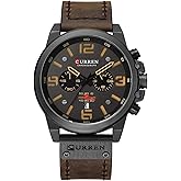 MASTOP Fashion Mens Watch Leather Military Stopwatch Waterproof Chronograph Watch Mens Quartz Watch with Date