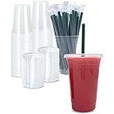 20 oz Clear Plastic Cups with Lids and STRAWS, Disposable Drinking Cups for Cold Drinks, Iced Coffee, Milkshakes, Smoothies, 25 Sets