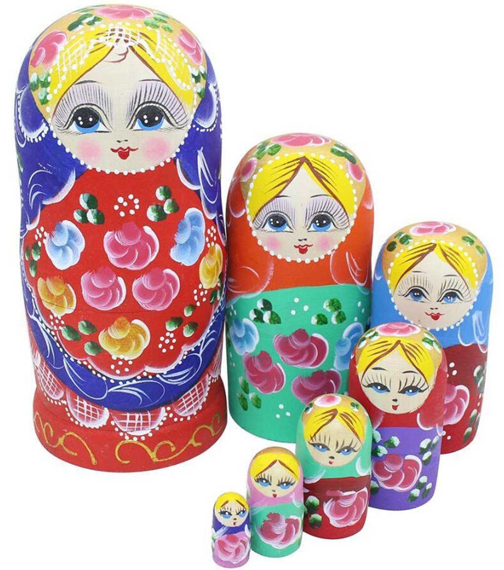 Winterworm Set 7 Pcs Pastoral Style Blonde Girl Flower Multicolor Traditional Russian Nesting Dolls Handmade Matryoshka Doll Wooden Stacking Toy Kids Toy Gift