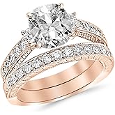 14K White Gold 6 Carat LAB GROWN DIAMOND Three Stone Vintage With Milgrain & Filigree Bridal Set with Wedding Band & Cushion Cut Diamond Engagement Ring (G-H Color VS2-SI1 Clarity 5 Ct Center)