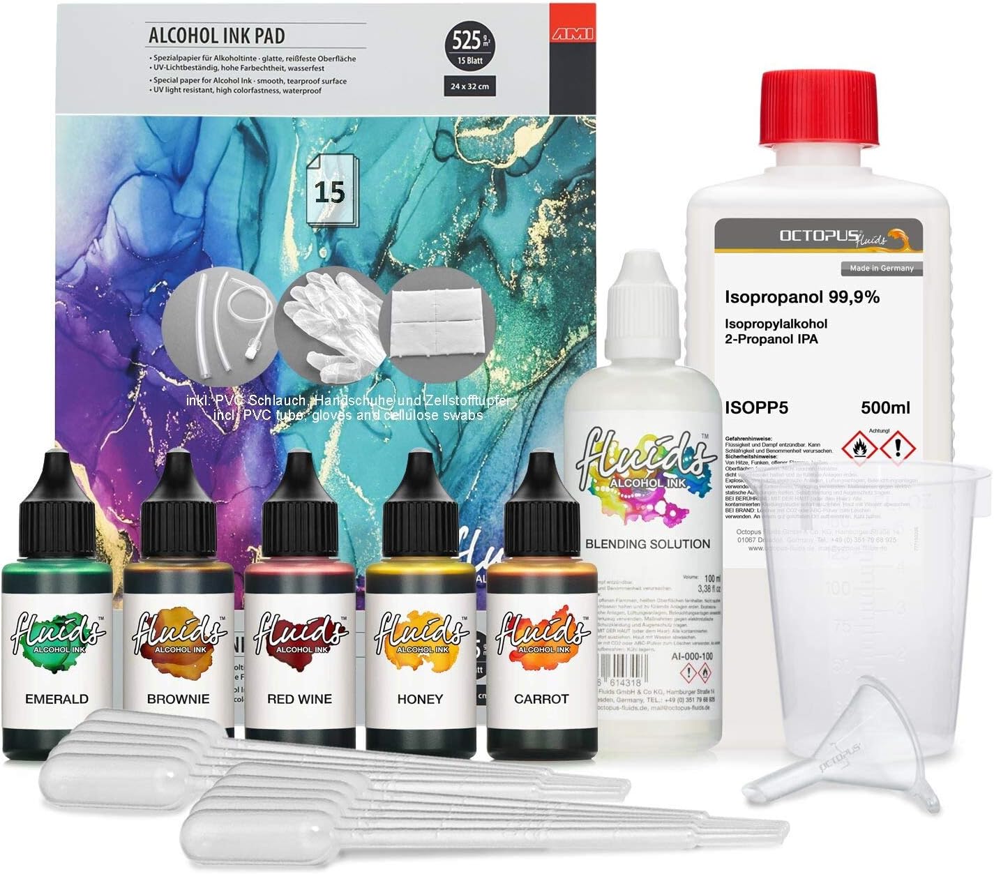 5 x 30 ml Octopus Fluids Alcohol Ink Complete Kit Leaves with Blending Solution, Alcohol Ink Paper and accessoreies for Fluid Art