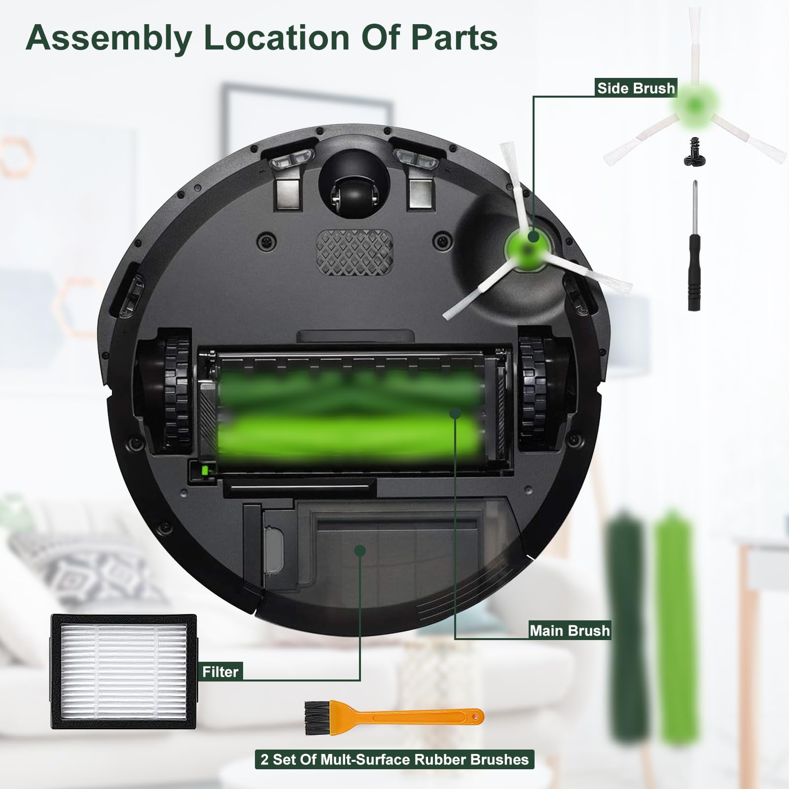 26 Pack Compatible with E/i/j Series Replacement Parts, E5 E6 E7 i2 i3 i3+i4 i4+ i6 i6+ i7 i7+ i8 i8+/Plus, 2 sets of multi-surface rubber roller brush 8 filters 8 side brushes 8 bags