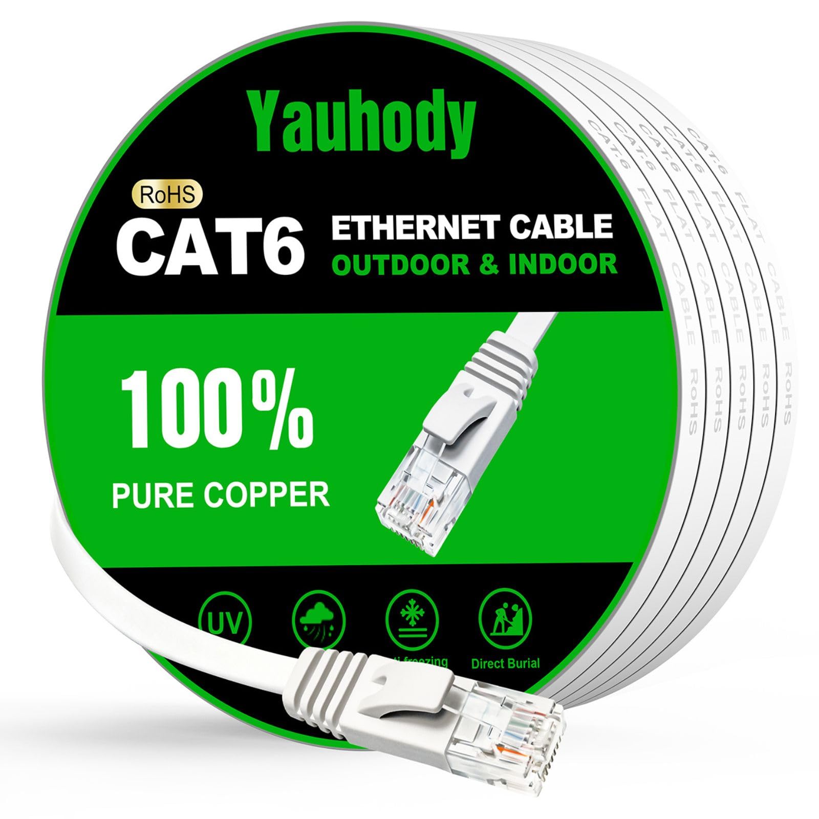 Yauhody CAT 6 Ethernet Cable 30m, Pure Copper High Speed Solid Flat CAT6 Gigabit Internet Network LAN Patch Leads,Snagless RJ45 Connector for Modem, Router, PC (30m,White) — image 1