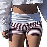 Women Y2k Fold Over Striped Shorts Cute Contrast Color Elastic Low Waist Slim Fit Micro Shorts Pjs Mini Sleep Bottoms