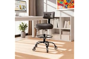 FREEKYROCK Office Drafting Chair with Footrest, Tall Height Adjustable Stool with Back Support, Heavy Duty Rolling Stool Chair with Wheels for Office Home Kitchen Bar Shop Guitar Studio Medical Vanity(Black)