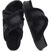 KuaiLu Women's Fuzzy Cross Band Platform Slippers Furry Faux Fur Comfortable Arch Support Open Toe Slides for Indoor Outdoor