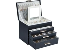 BOOVO 4 Layer Jewelry Box for Women, Jewelry Organizer Box with Necklace Hooks, 3 Drawers Jewelry Box for Sunglasses, Necklace and Bracelet Storage (Black, 4 Layer)