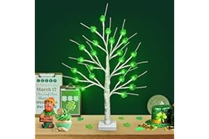 REMON [Timer ] St. Patrick's Day Decorations - 24 Inch Tabletop Lighted Birch Tree with Lucky Shamrocks Lights 24 Green Lights Battery Operated St. Patrick's Day Decoration Indoor Home (1 Pack)