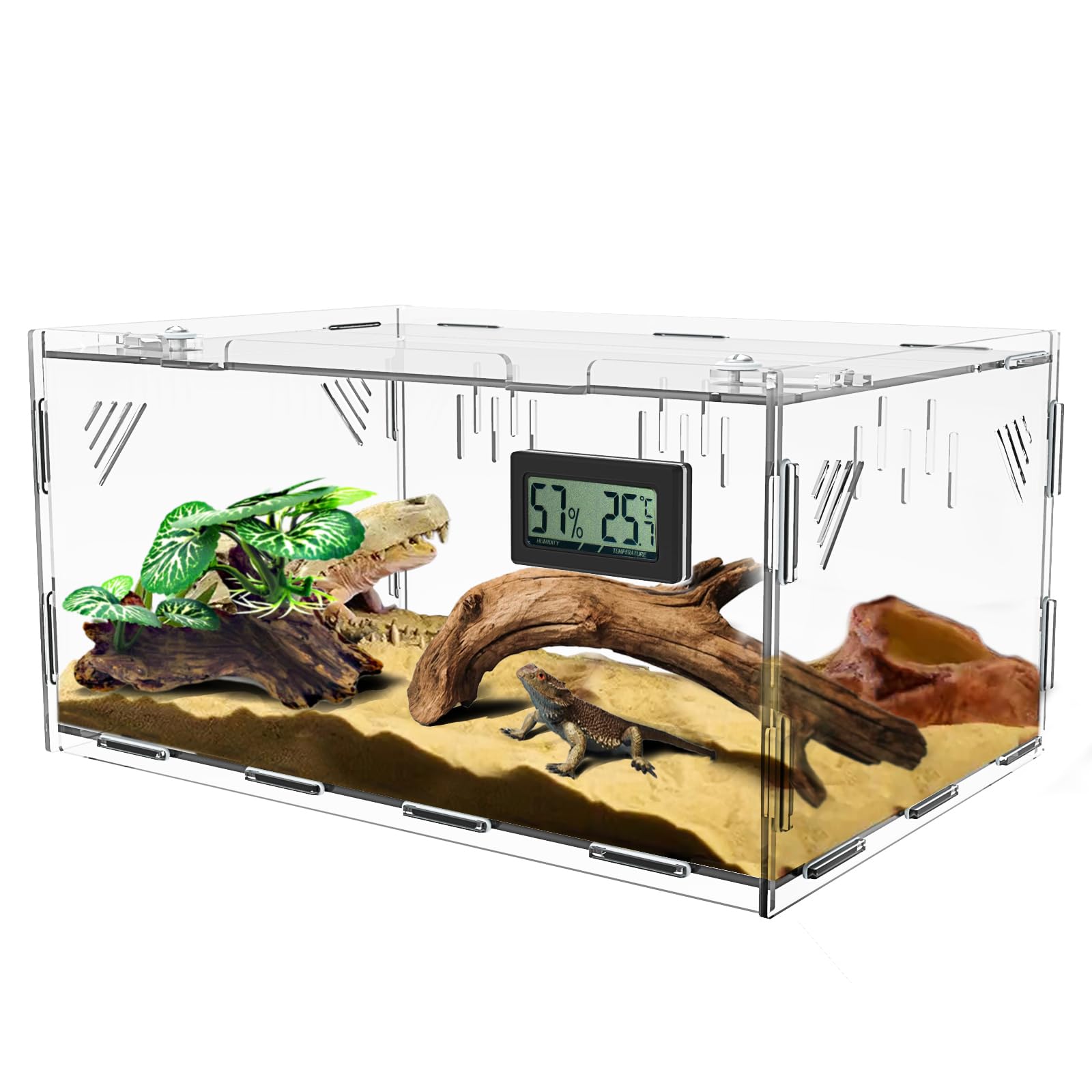 Giznzg Reptile Tank, Reptile Terrariums, Insect Feeding Box, 360° Acrylic Terrarium with Digital Thermometer Hygrometer, Reptile Breeding Box for Spider/Snail/Frog/Lizard/Turtle (40 * 25 * 18cm)