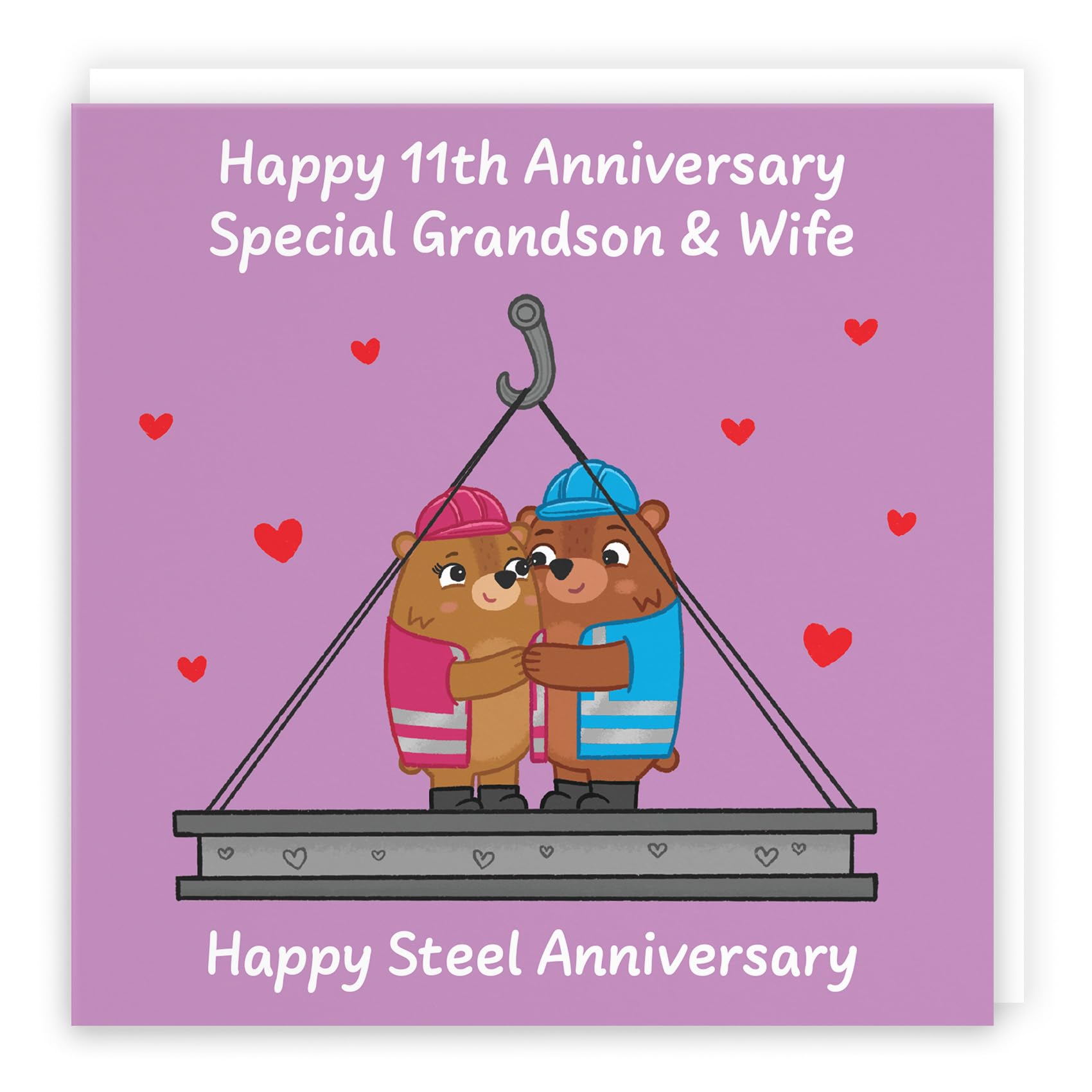 Hunts England - Grandson And Wife 11th Anniversary Card - Steel Anniversary - 11 Years - Cute Fun Bears Card - Love Story Collection