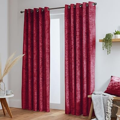 John Aird Crushed Velvet Eyelet Curtains Raspberry Red 90x108 Pair