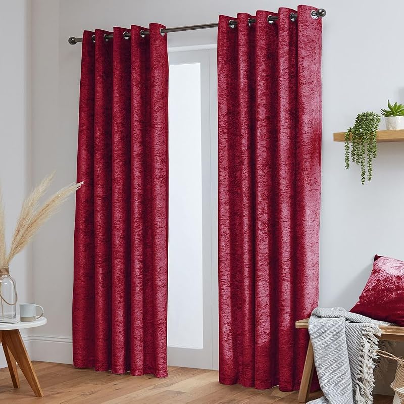 John Aird Crushed Velvet Eyelet Curtains Raspberry Red 90x108 Pair