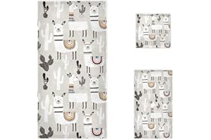 Naanle Boho Cute Cartoon Llama Cactus Soft Luxury Decorative Set of 3 Towels, 1 Bath Towel+1 Hand Towel+1 Washcloth, Multipurpose for Bathroom, Hotel, Gym, Spa and Beach