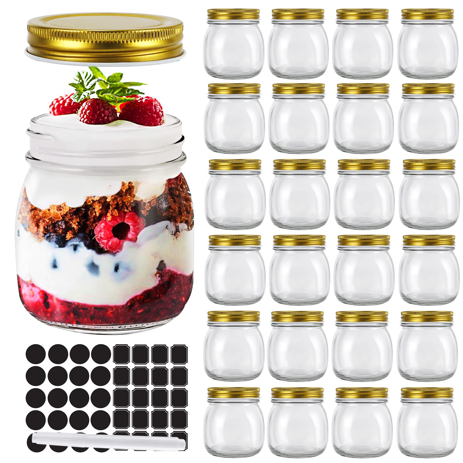 Photo 1 of STARSIDE 24 Pack 300 ml 10oz Glass Mason jars With Regular Mouth Lids, Perfect Containers for Jam, Honey, Candies,Wedding Favors, Decorations,Included 1 Pens and 40 Labels.