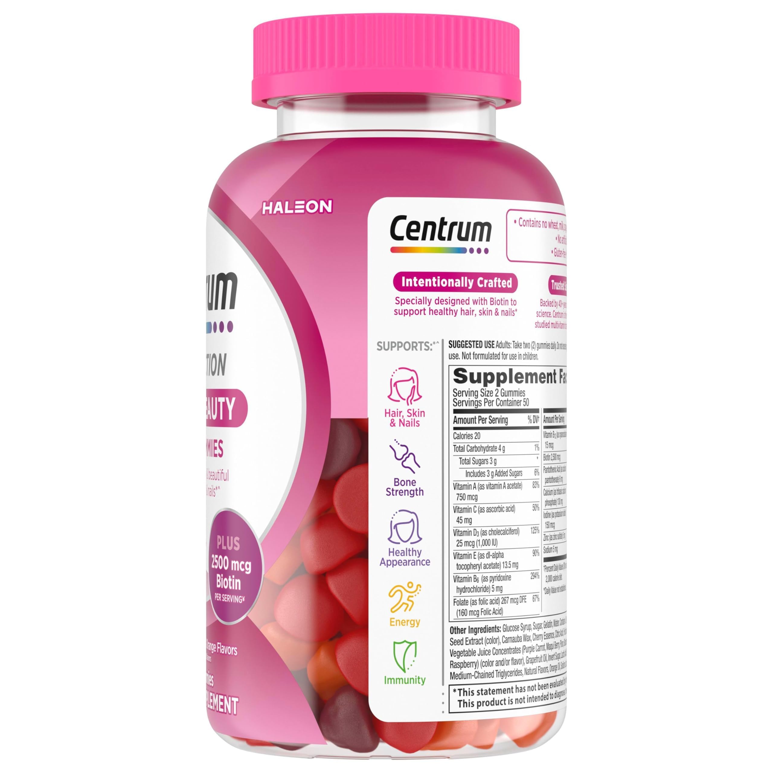 Centrum MultiGummies Multi+ Beauty Dual Action Multivitamin, Specially Designed with Biotin for Healthy Hair, Skin and Nails, Cherry/Berry/Orange Flavors - 100 Count