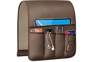 WETRBWEH Remote Control Holder for Armchair, Couch Caddy Organizer TV Remote Holder for Bed Storage 5 Pockets, Remote Caddy Bedside Organizer Bedside Table Organizer (Brown, 35"x12.4")