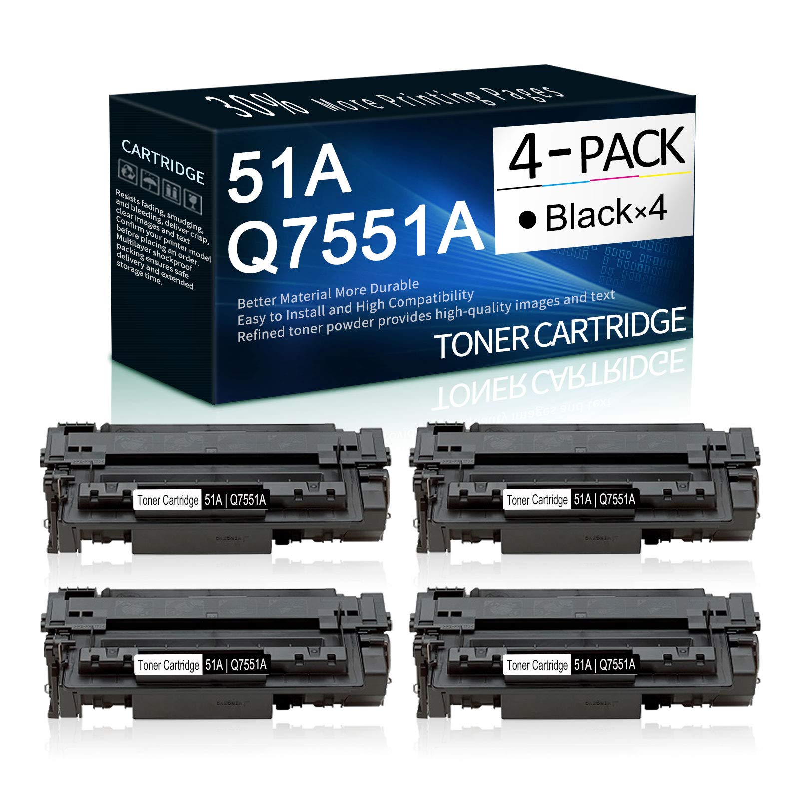 4 Pack Black 51A | Q7551A Toner Cartridge Replacement for HP Laserjet P3005(Q7812A) P3005d(Q7813A) P